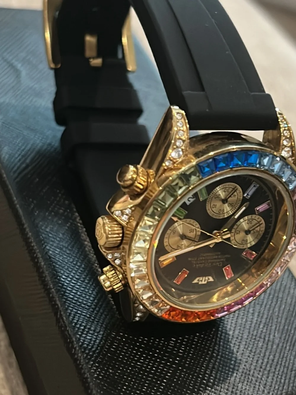Gold Automatic Chronograph Men's Watch with Rainbow Crystal Bezel - Black Strap
